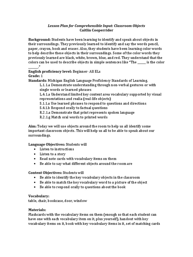 Comprehensible Input: Classroom Objects Lesson | PDF | Vocabulary ...