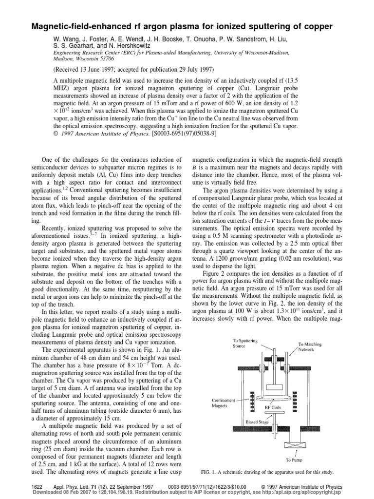 Magnetic-Field-Enhanced RF Argon Plasma For Ionized Sputtering of ...