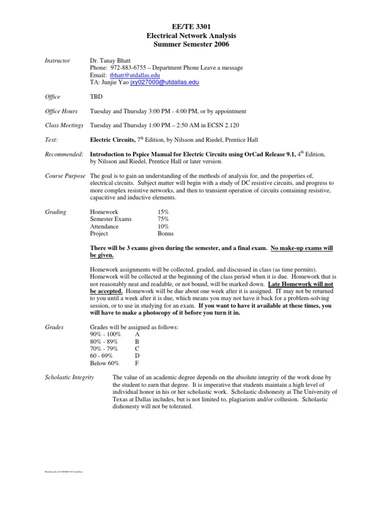 EE3301 Electrical Network Analysis Syllabus | PDF | Electrical Network ...