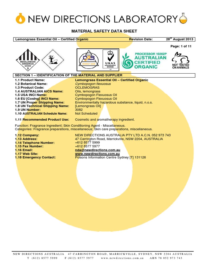 Lemongrass Essential Oil Certified Organic Msds Rd28!08!2013