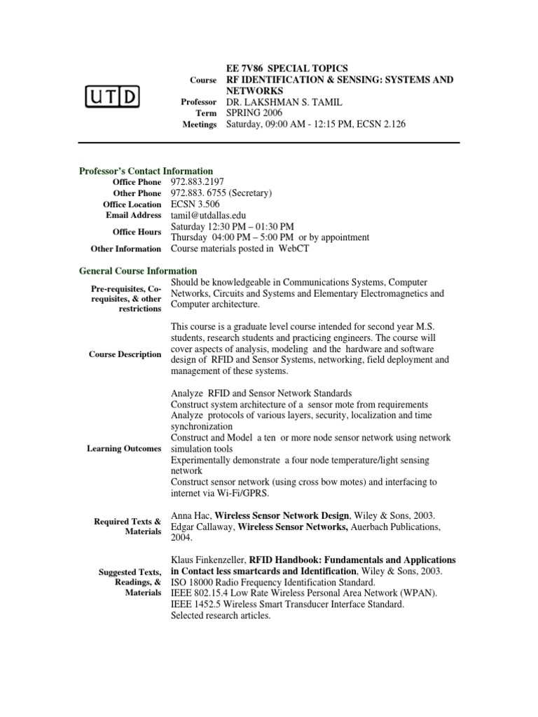 UT Dallas Syllabus For Ee7v86.001 06s Taught by Lakshman Tamil (Laxman