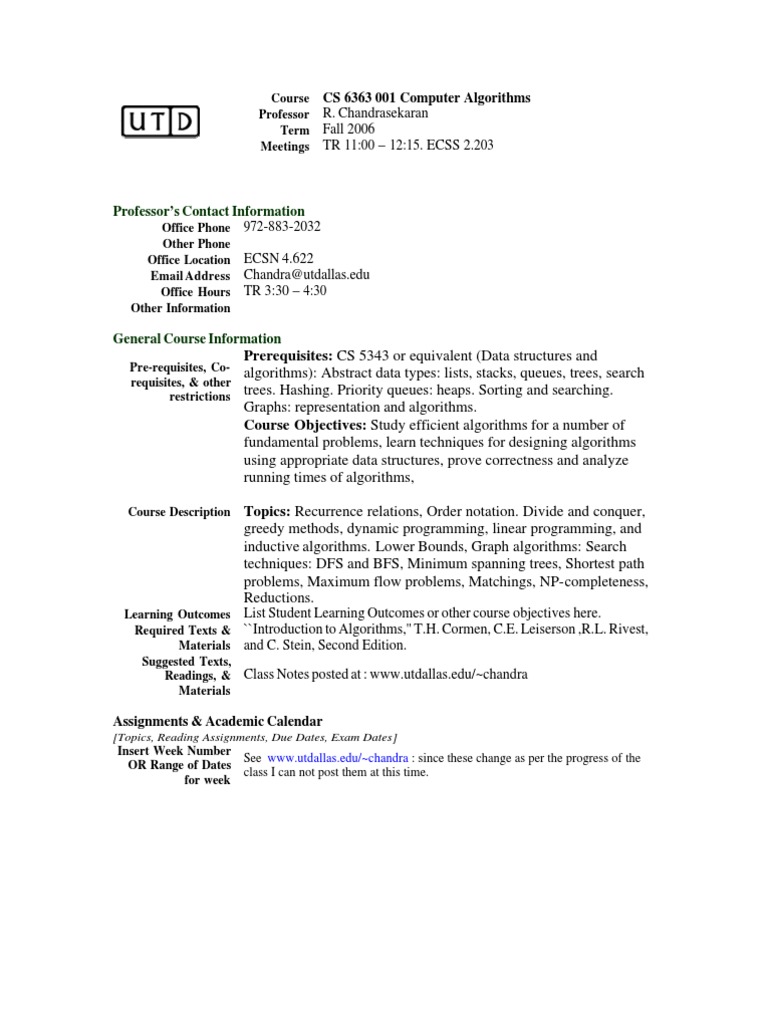 Computer Algorithms Course Syllabus | PDF | Plagiarism | Academic ...