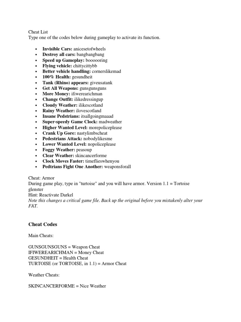 GTA San Andreas Cheat Codes List | PDF | Games & Activities