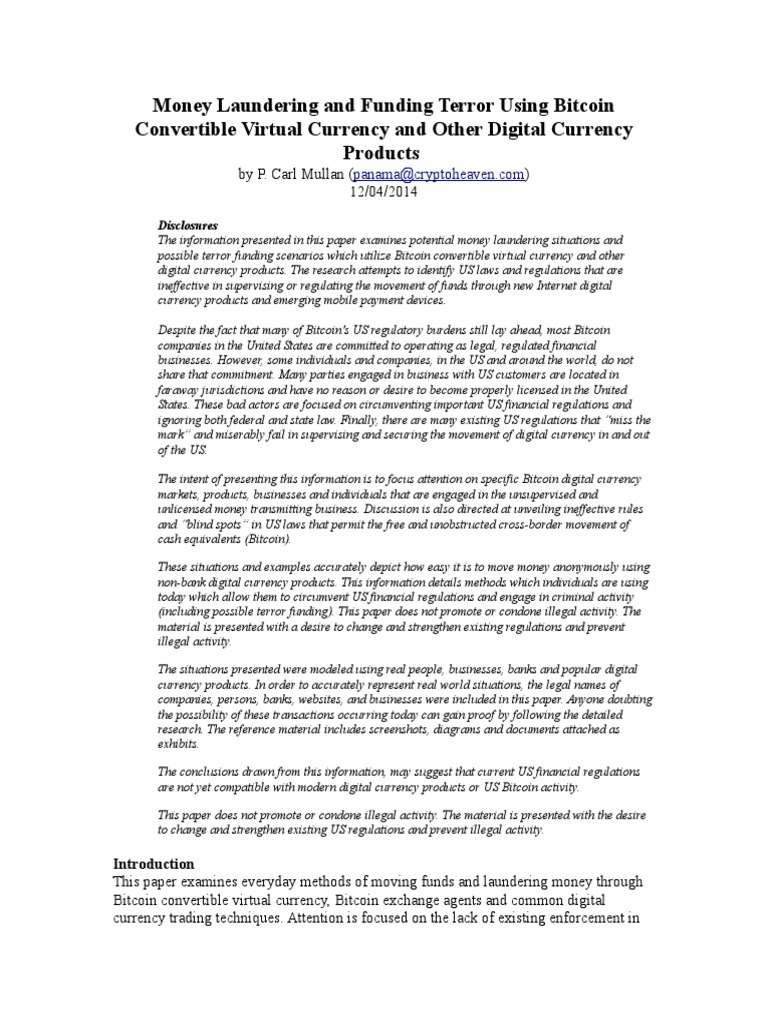 Money Laundering and Funding Terror Using Bitcoin Convertible Virtual  Currency and Other Digital Currency Products | PDF | Bitcoin | Money  Laundering