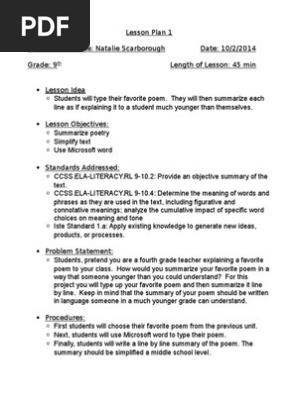 Wordprocessor Lesson Plan I Pdf Lesson Plan Poetry