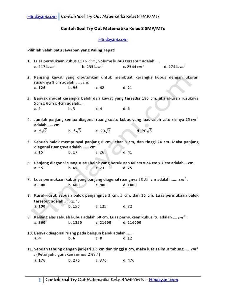 Contoh Soal Matematika Kelas 8 SMP MTs