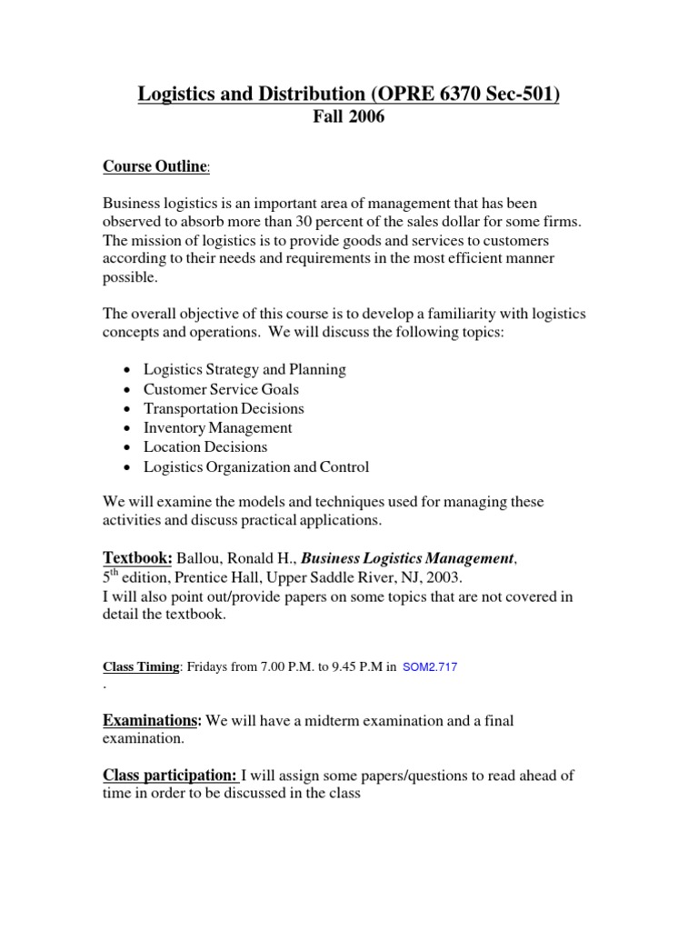 Logistics Management Course Overview | PDF | Logistics | Textbook