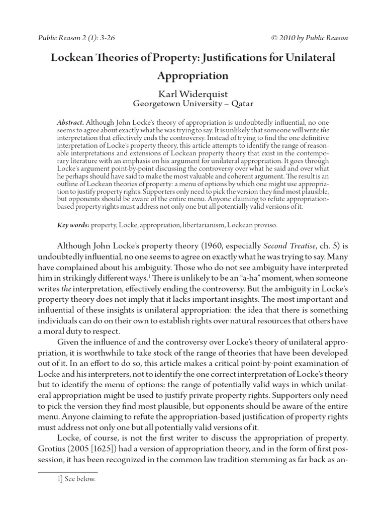 Lockean Theories of Property Justifications for Unilateral