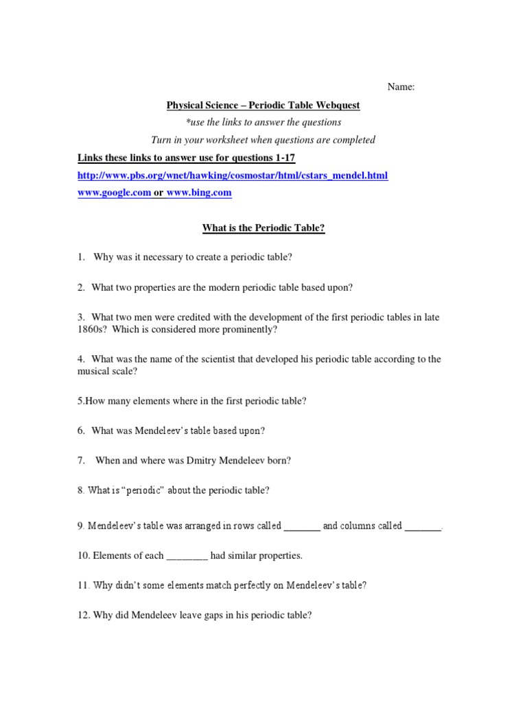 Periodic Table Webquest  PDF  Periodic Table  Transition Metals Regarding Periodic Table Webquest Worksheet Answers