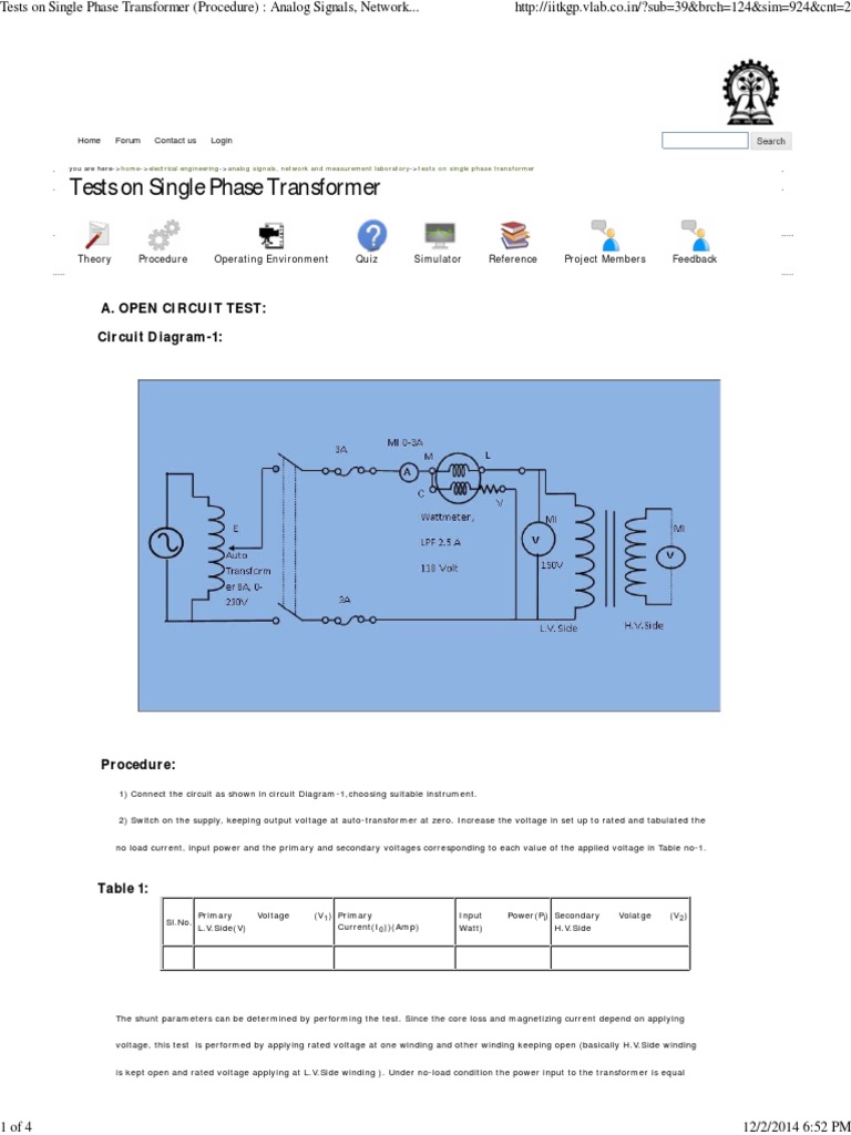 Tests on Single Phase Transformer (Procedure) _ Analog Signals, Network