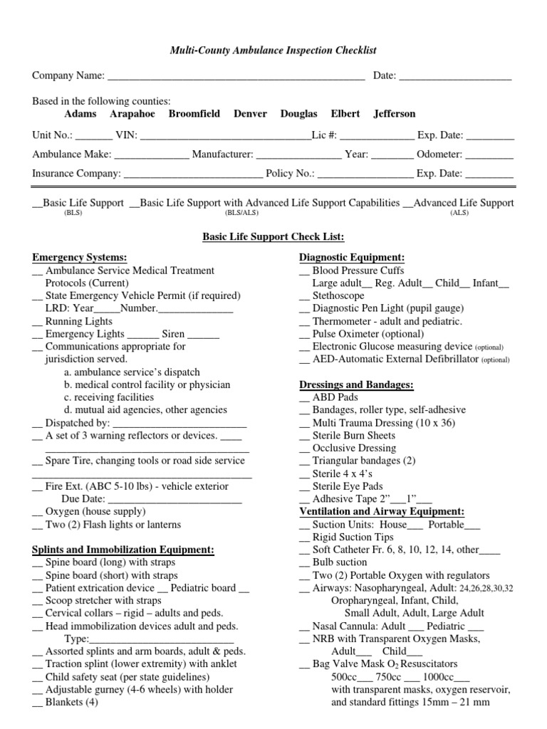 Ambulance Checklist PDF Ambulance Intravenous Therapy
