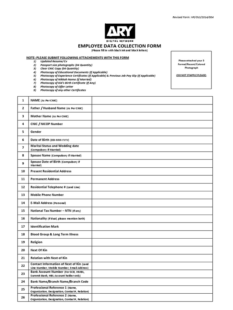 ARY NEWS Television Employee Data Collection Form PDF Employment