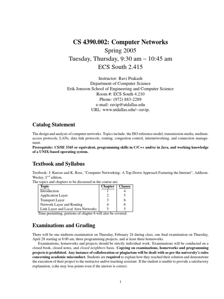 UT Dallas Syllabus For cs4390.002 05s Taught by Ravi Prakash (Ravip