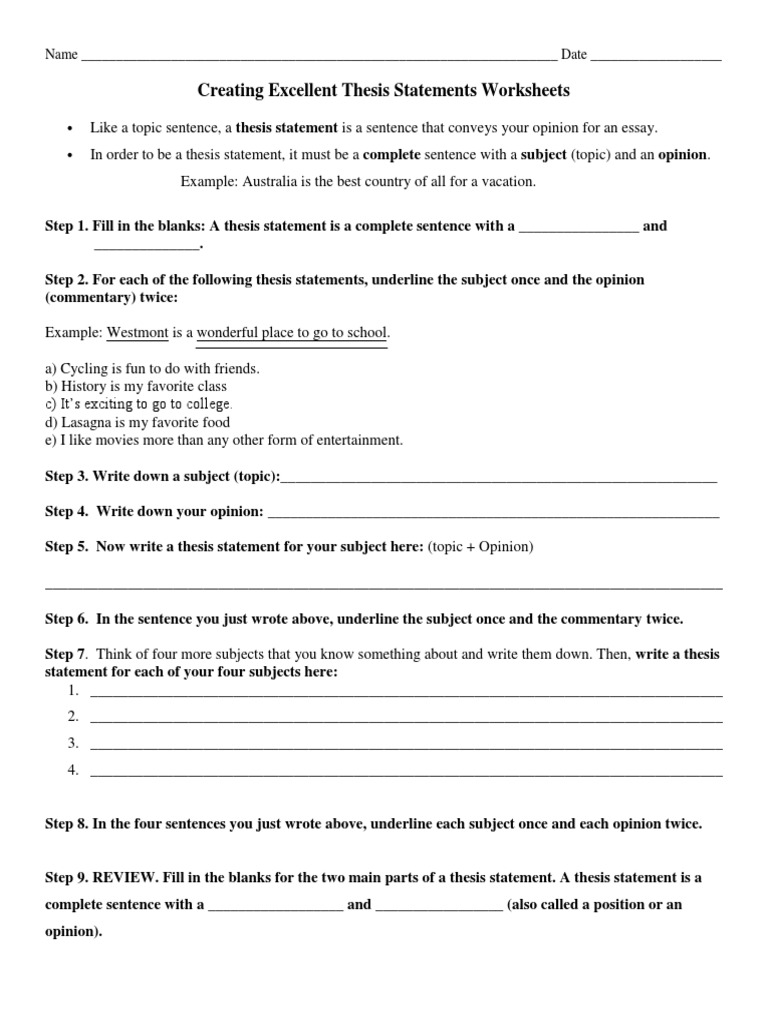 Worksheets Thesis Statement Worksheet creating excellent thesis statements worksheets taekwondo stress biology