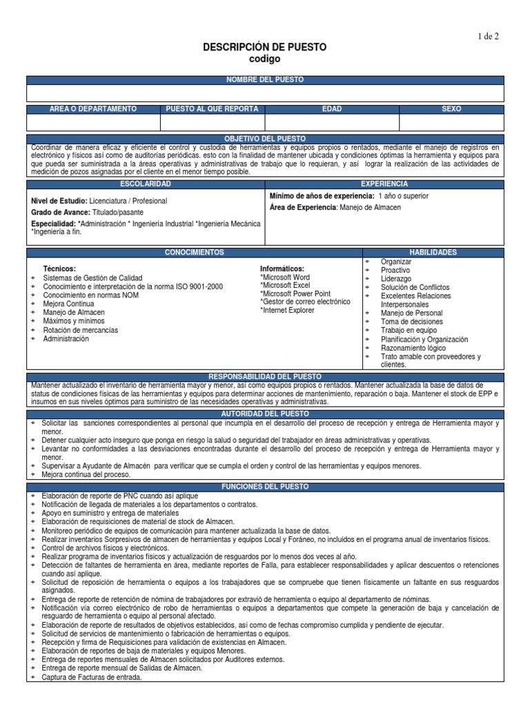 Ejemplo de Descripción de Puesto | PDF | Contaminación | Degradación ...