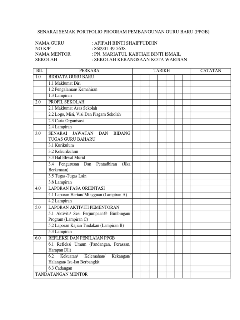 Senarai Semak Portfolio Program Pembangunan Guru Baru | PDF