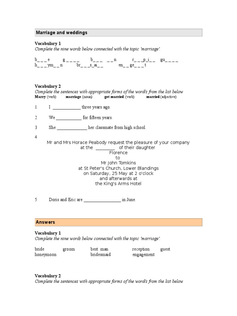 Marriage and Weddings Vocabulary 1 Marry (Verb) Marriage (Noun) Get