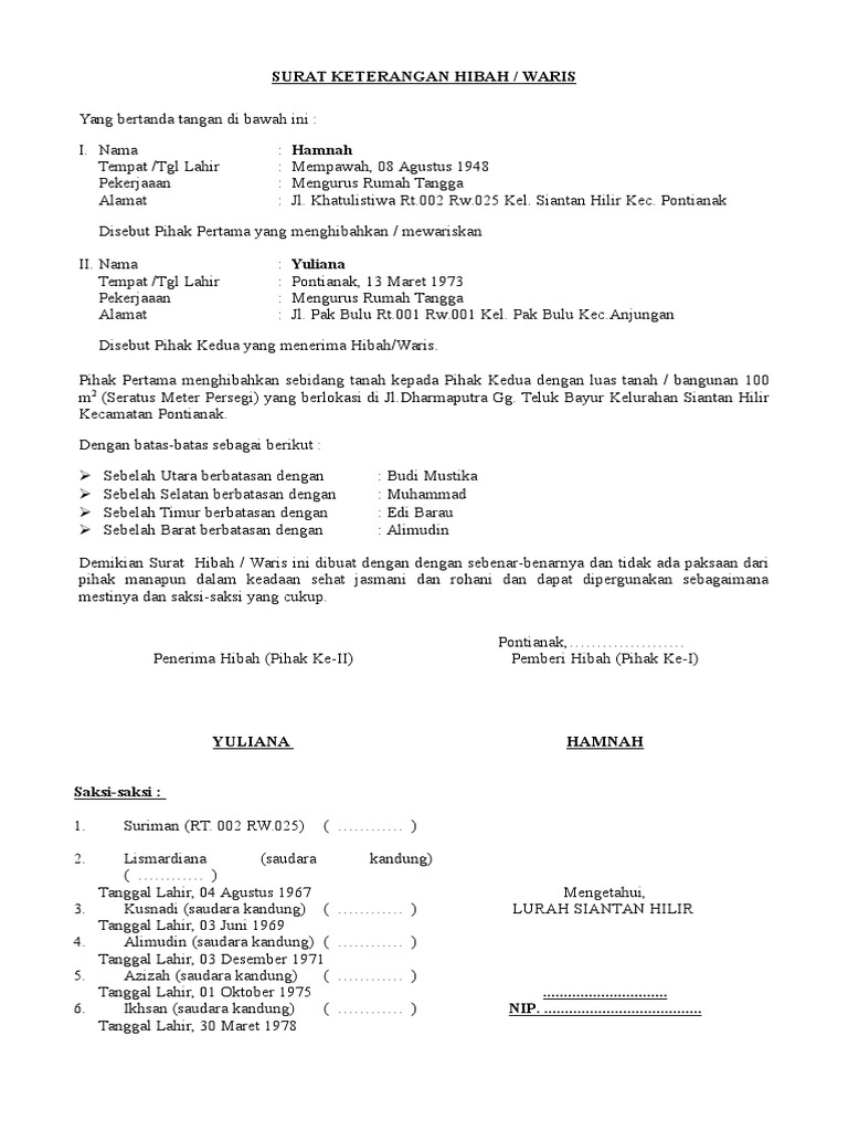 Contoh Surat Keterangan Hibah Tanah PDF