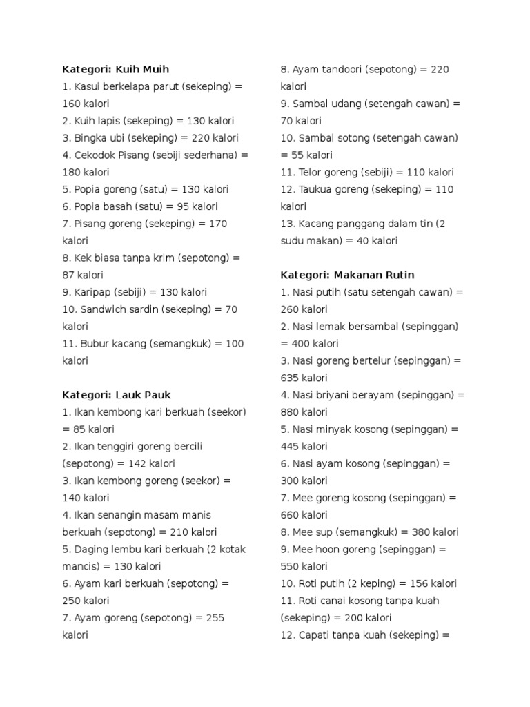 Kalori Dalam Makanan Pdf
