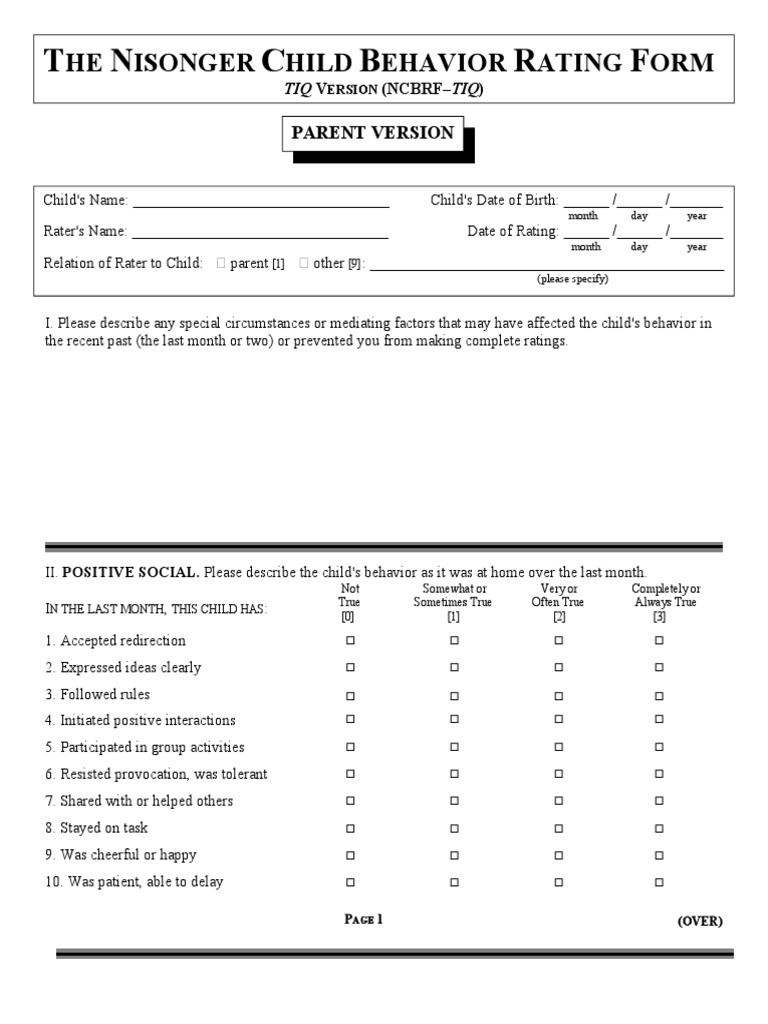 NCBRF ScoreSheet | PDF | Attention Deficit Hyperactivity Disorder ...