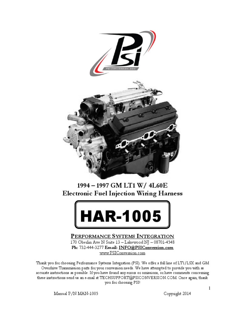 HAR-1005 LT1 Fuel Injection Wiring Harness Instructions ... lt1 fuel injection wiring harness 