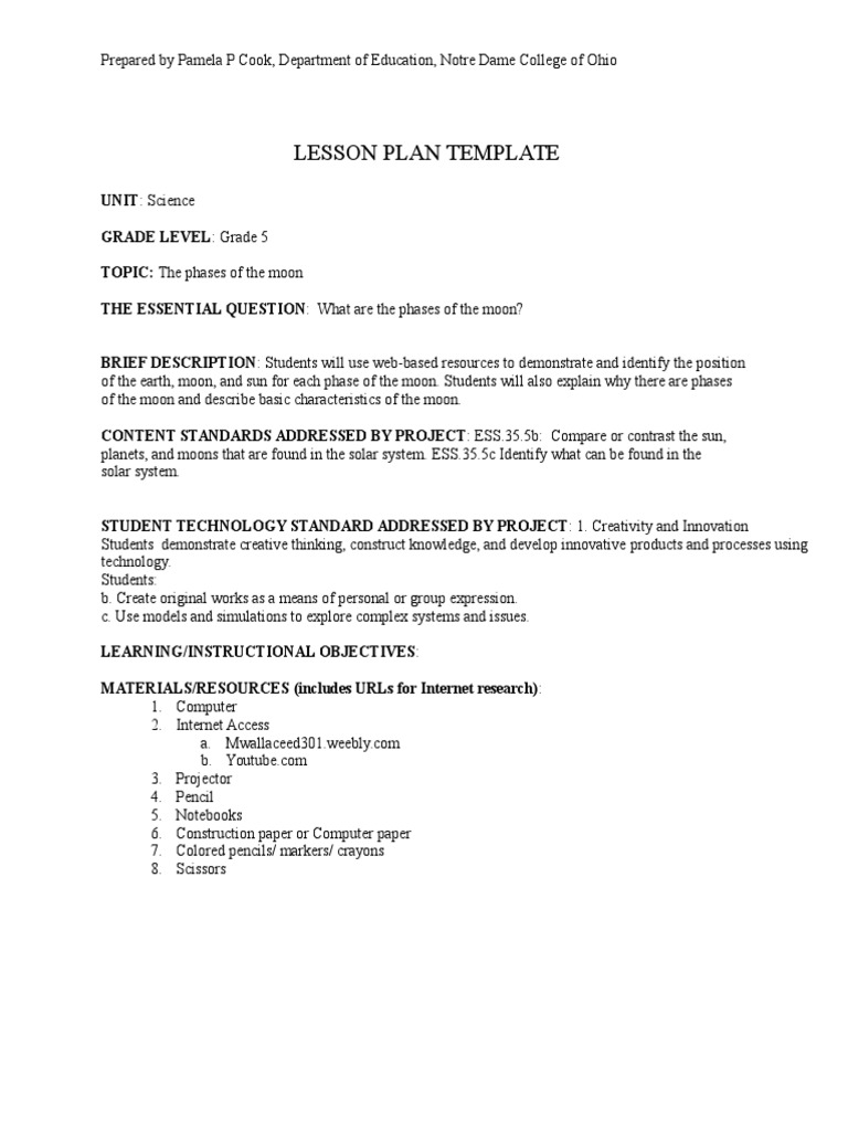 Grade 5 Moon Phases Lesson Plan | PDF | Lesson Plan | Internet