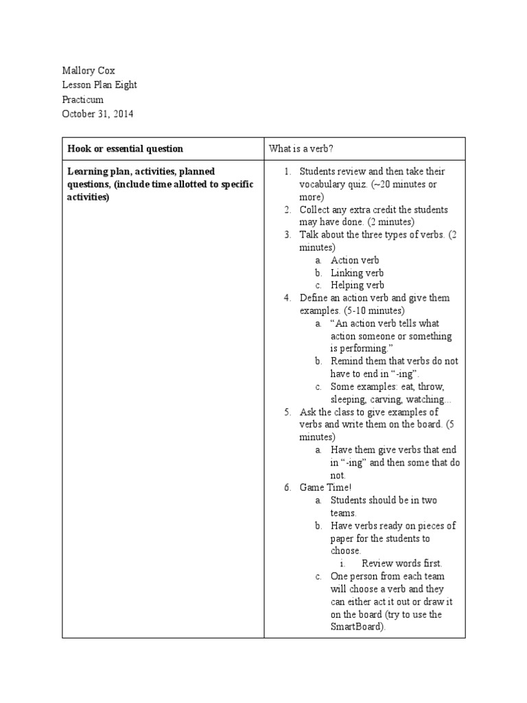 lesson plan eight | Verb | Lesson Plan | Free 30-day Trial | Scribd