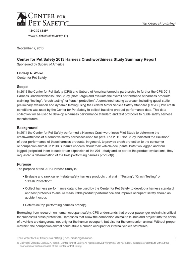 Pet Safety Center For Pet Safety Dog Harness Crash Test Results PDF