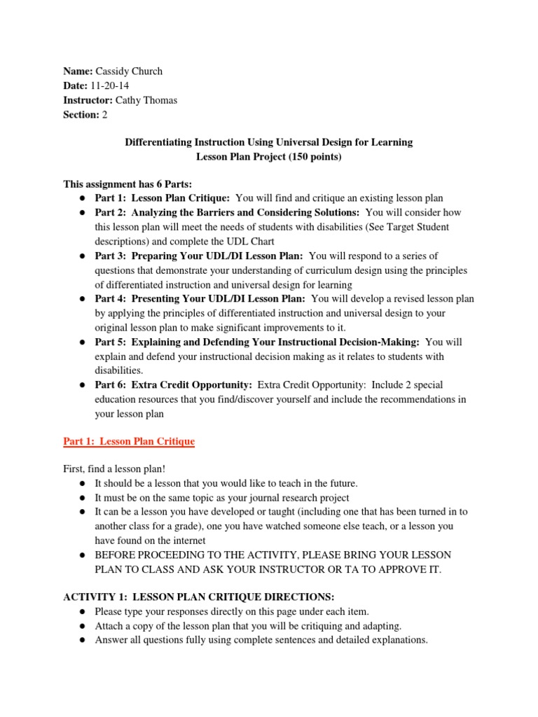 UDL Lesson Plan for Special Education | PDF | Lesson Plan ...