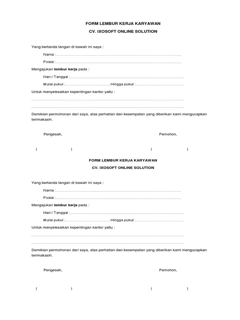 Form Lembur Kerja Karyawan