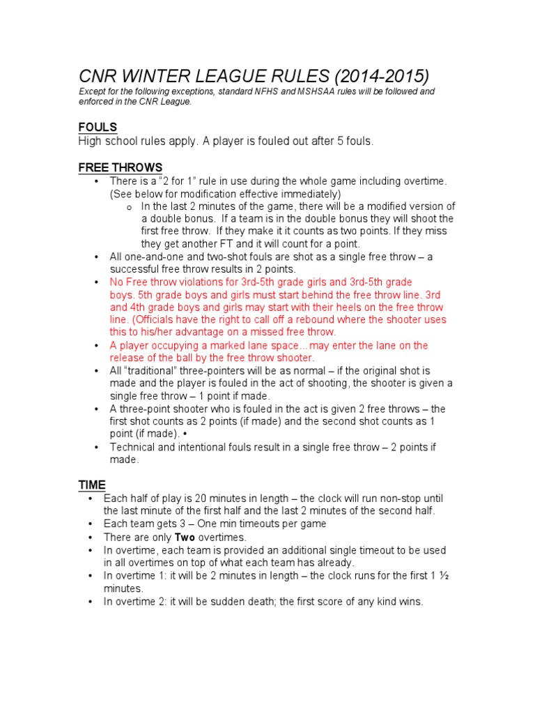 CNR Winter League Rules 2014 15 PDF Gaming Ball Games