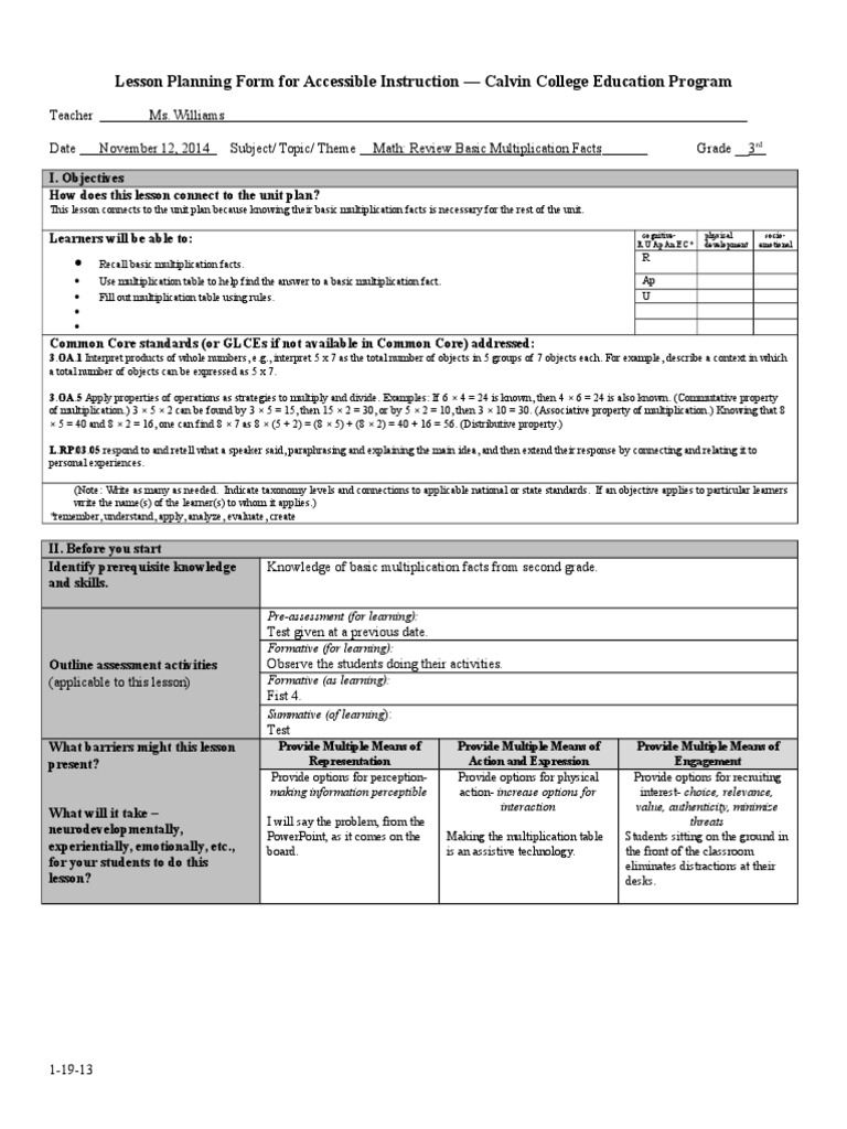 Accessible Math Lesson Plan for 3rd Grade | PDF | Multiplication ...