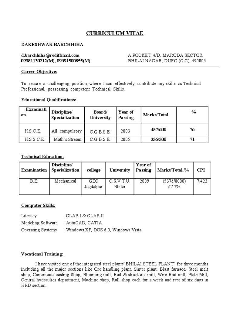 Resume Resume Fresher Engineer fresher mechanical engineer resume steel mill crane machine