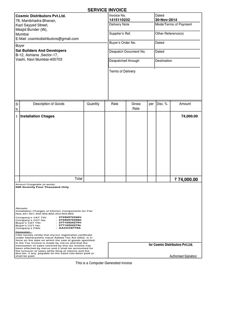 Service Invoice for Installation Charges | PDF