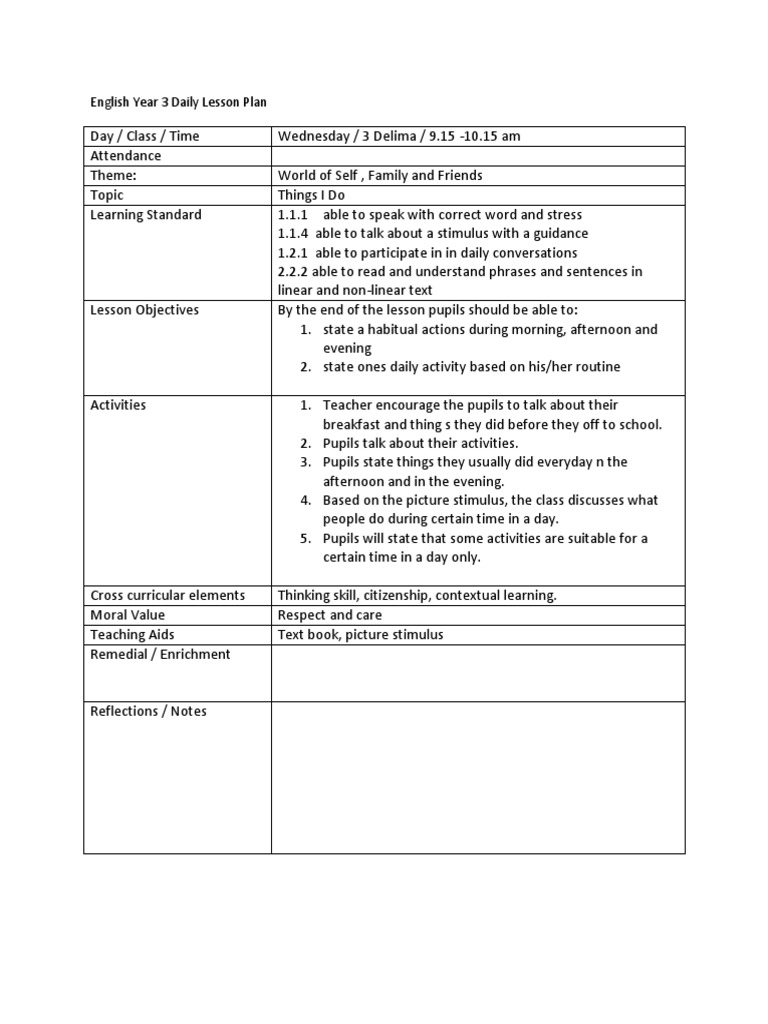 English Year 3 Daily Lesson Plan