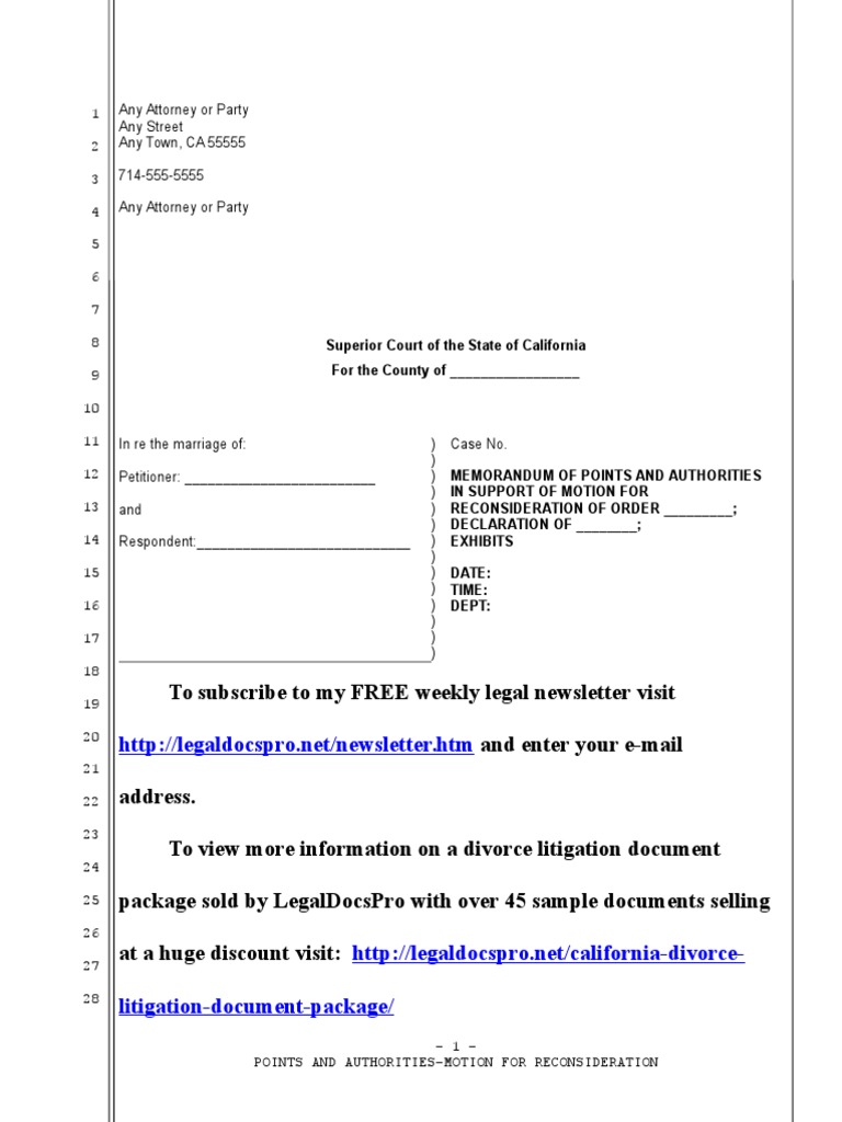 Sample Motion For Reconsideration For California Divorce | PDF ...