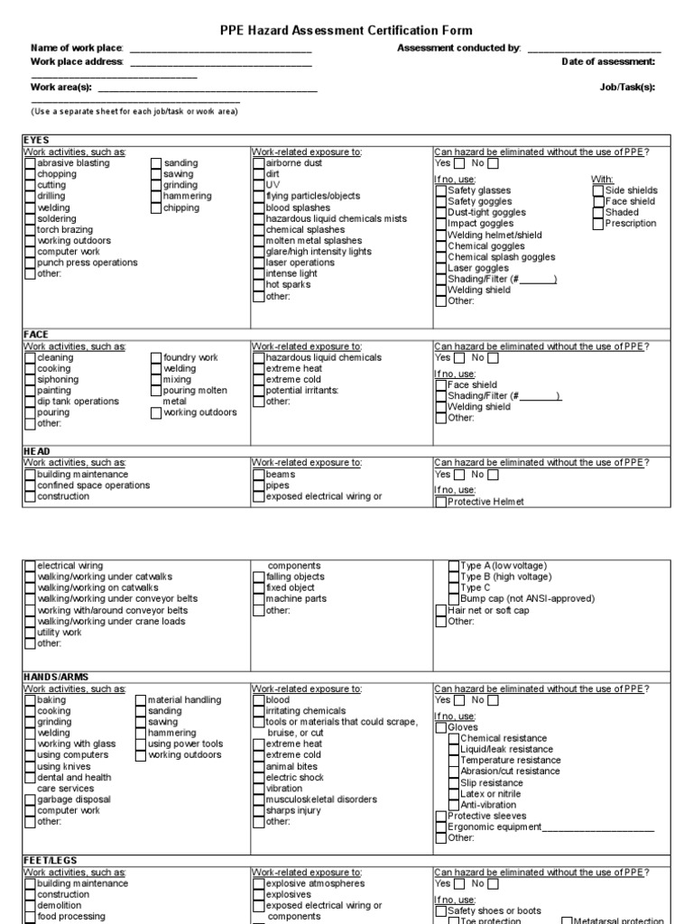 PPE Hazard Assessment Certification Form Personal Protective