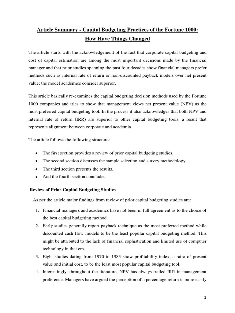 Summary Of Article On Capital Budgeting Practices PDF Capital