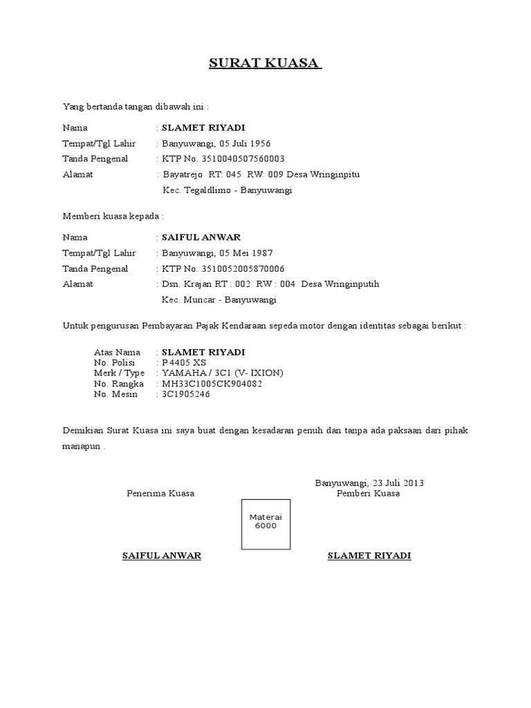 Contoh Surat Kuasa Pengurusan Pembayaran Pajak Sepeda Motor Pdf