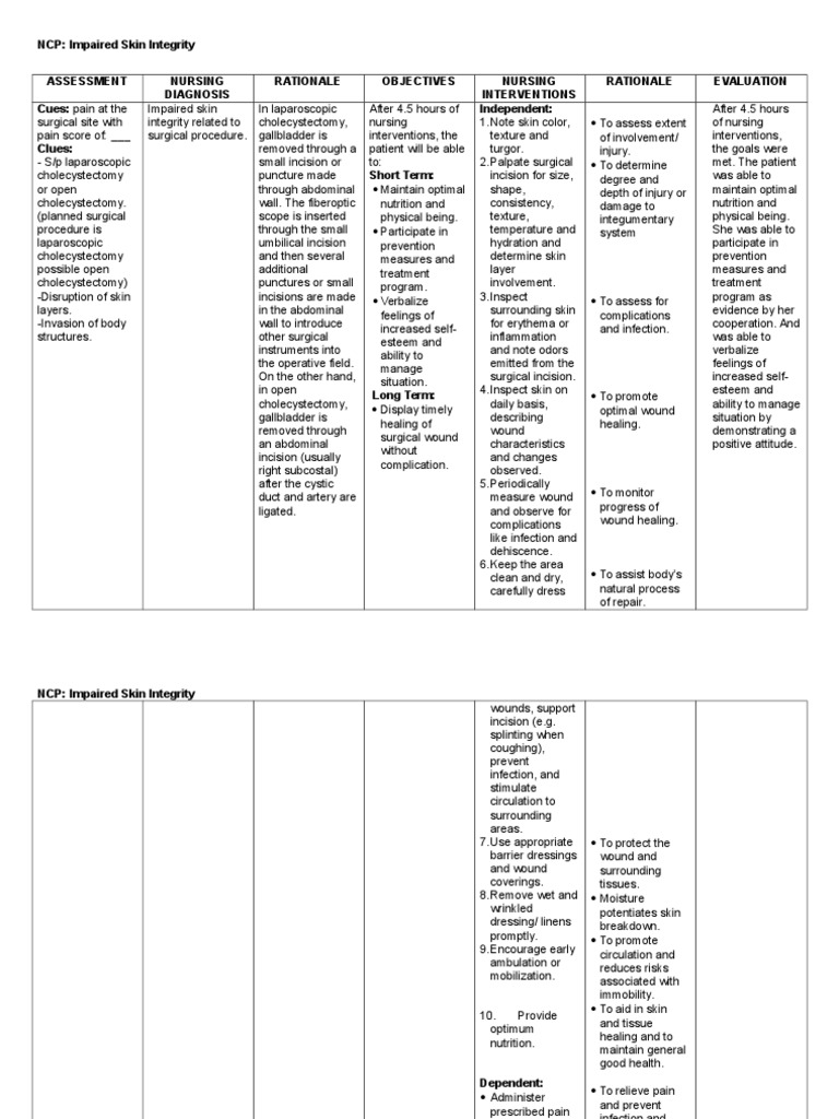 Nursing Care Plan: Impaired Skin Integrity | PDF | Wound | Surgery