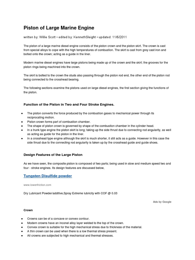 Piston of Large Marine Engine PDF Piston Engines