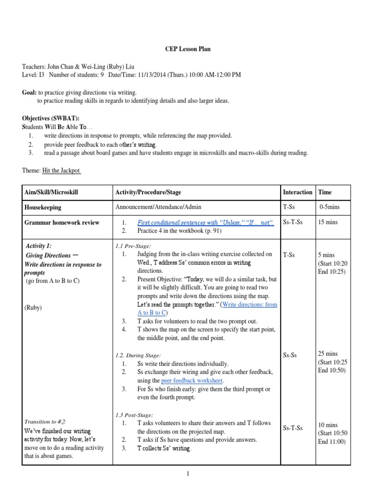 CEP Lesson Plan: Directions & Reading Skills | PDF | Homework | Lesson Plan