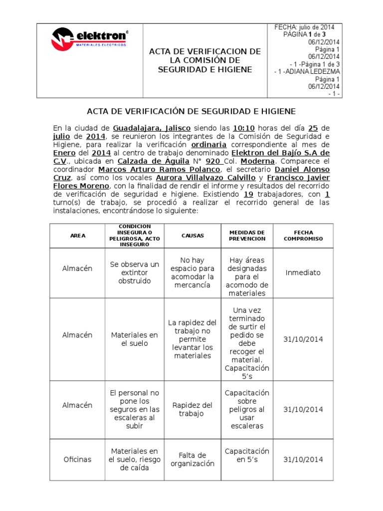 Formato de Acta de Verificacion de La CSH
