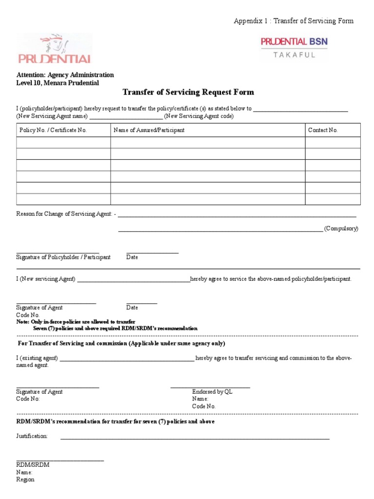 Transfer of Servicing Request Form Attention Agency Administration