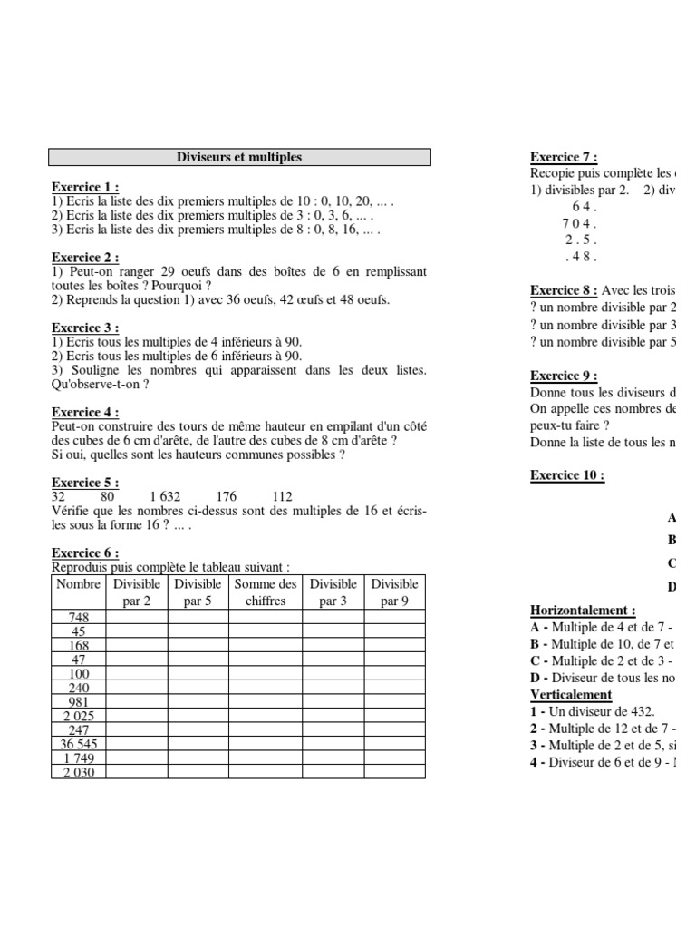 Multiples Et Diviseurs Cm1 Exercices à Imprimer Diviseur Et Multiples | PDF