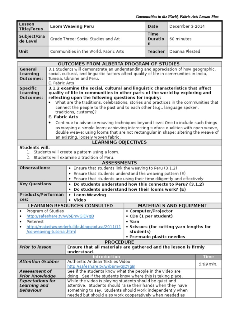 Grade 3 Art Loom Weaving Peru Lesson Plan PDF Weaving Loom