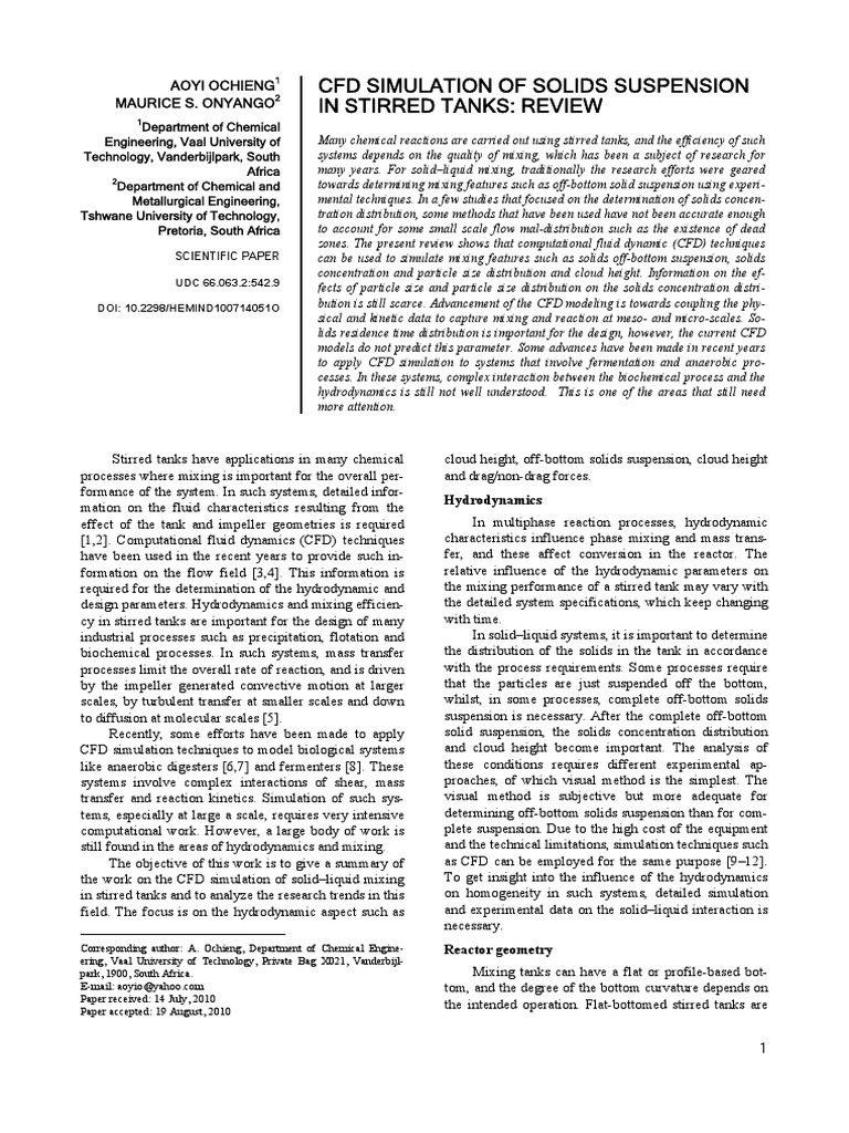 CFD Simulation of Solids Suspension in Stirred Tanks: Review | PDF