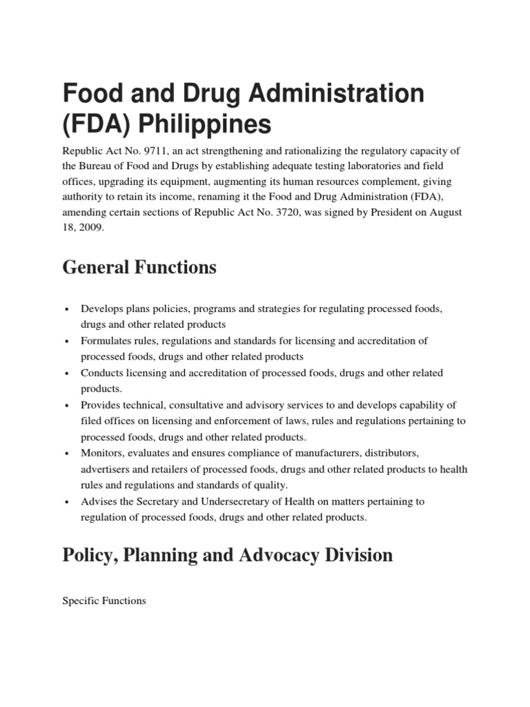 Overview of FDA Philippines Functions | PDF | Food And Drug ...