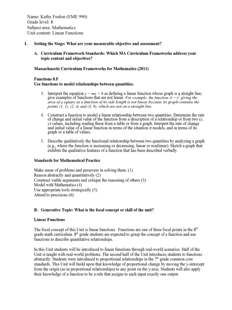 Linear Functions Unit Lesson Plan Preview | PDF | Function (Mathematics ...