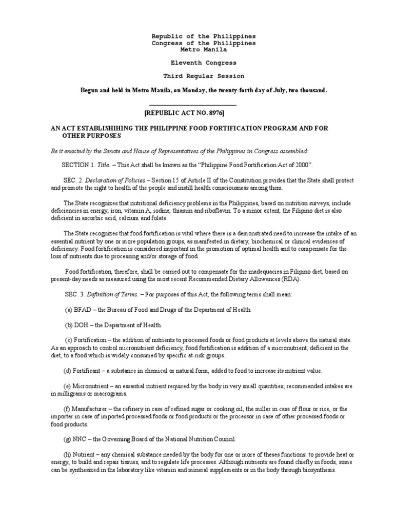 Philippine Food Fortification Act 8976 | PDF | Nutrients | Nutrition ...